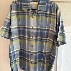 Tommy Bahama Silk Shirt in Blue and Green Plaid